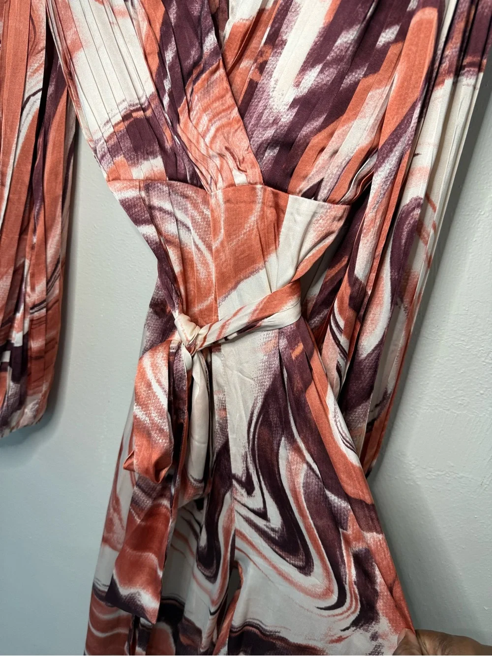 Marble-Print Wide-Leg Jumpsuit in Rust & Plum with Self-Tie Waist